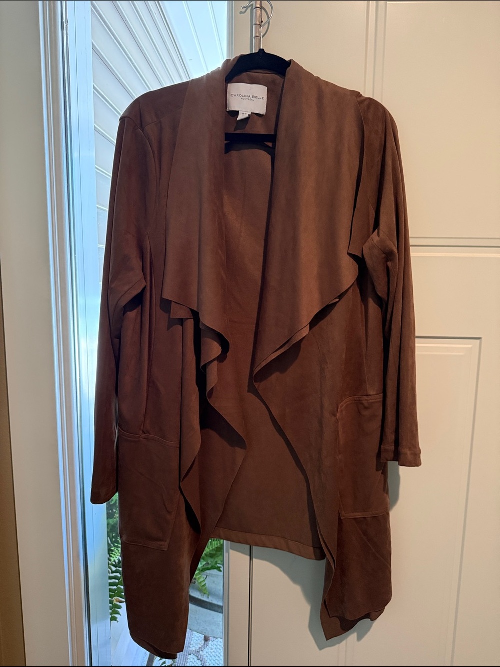 Carolina Belle Brown Suede-Look Draped Open Cardigan